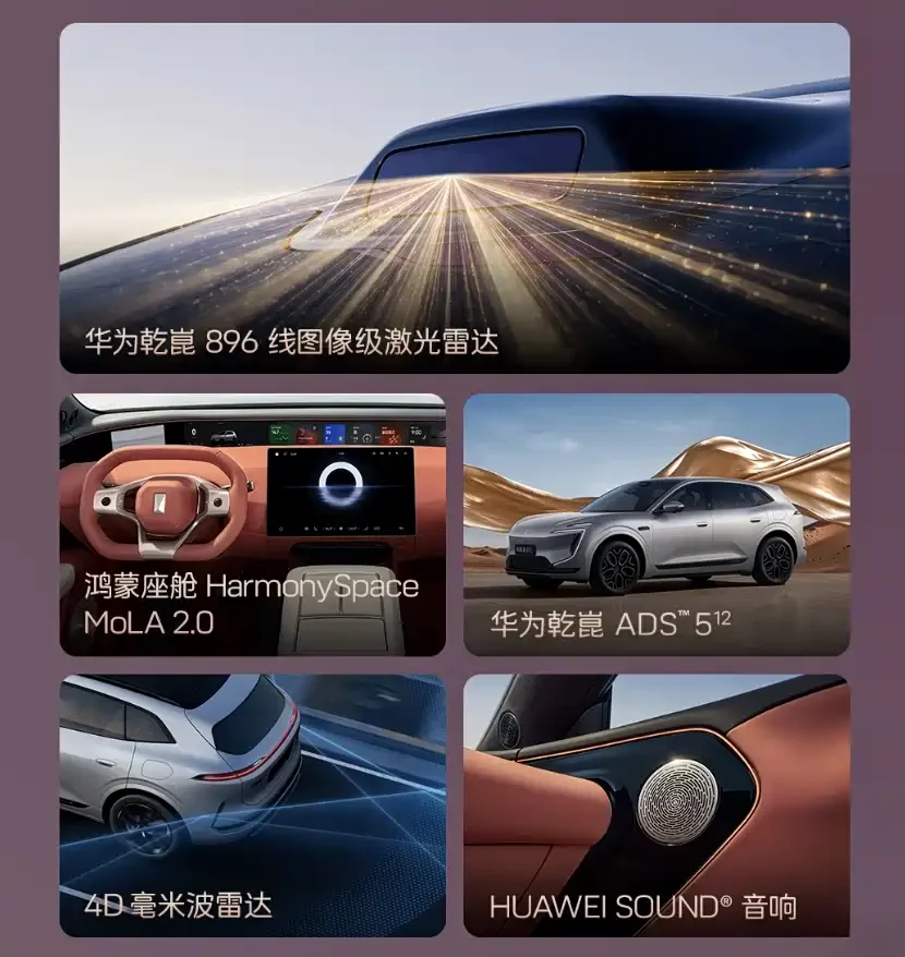 AVATR 07L technology features collage, Huawei ADS, 896-line LiDAR, 4D millimeter radar and Huawei Sound