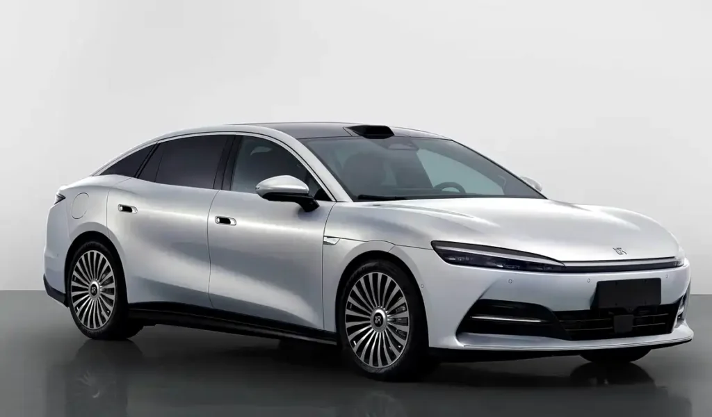 All-new BYD Han silver sedan official render, side-front view with roof lidar