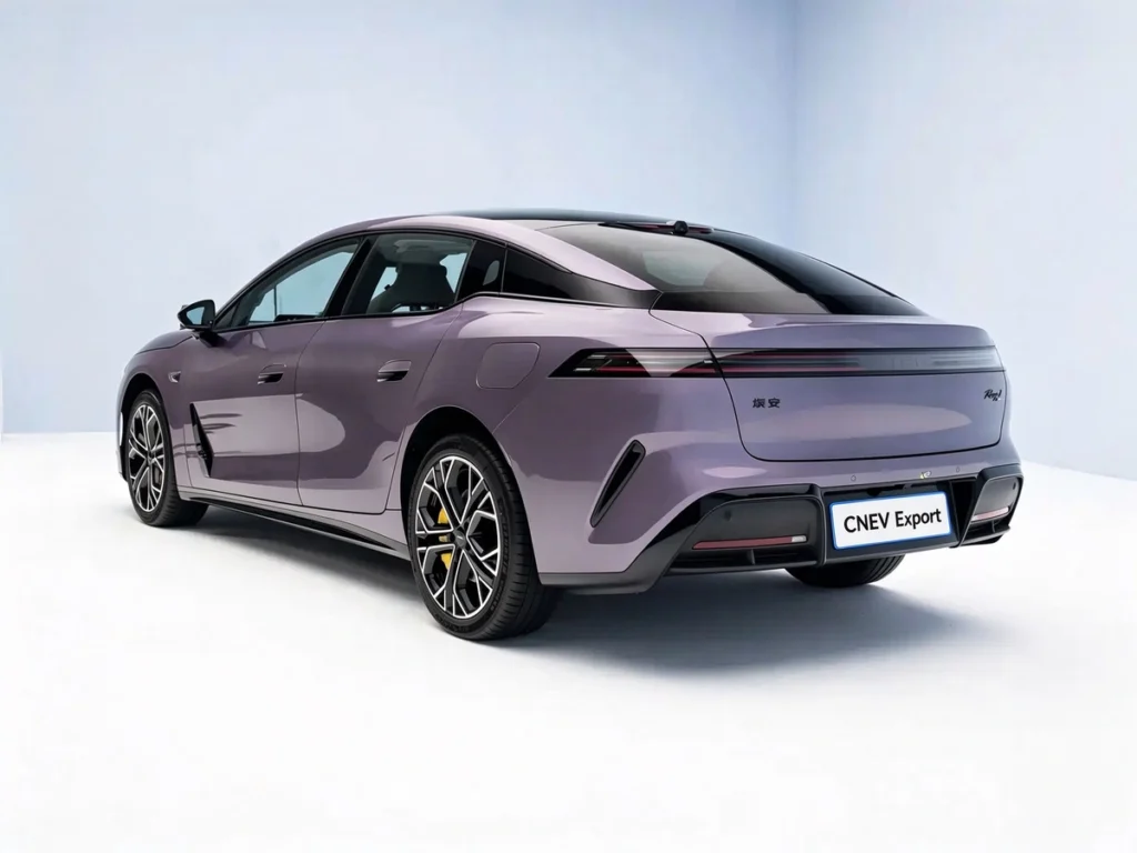 GAC AION Ray7 purple fastback sedan, rear three-quarter view with star-ring taillights