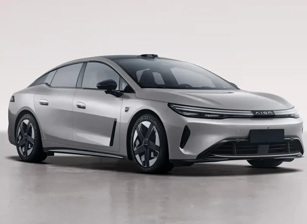 GAC AION Ray7 silver fastback electric sedan with roof LiDAR, front view