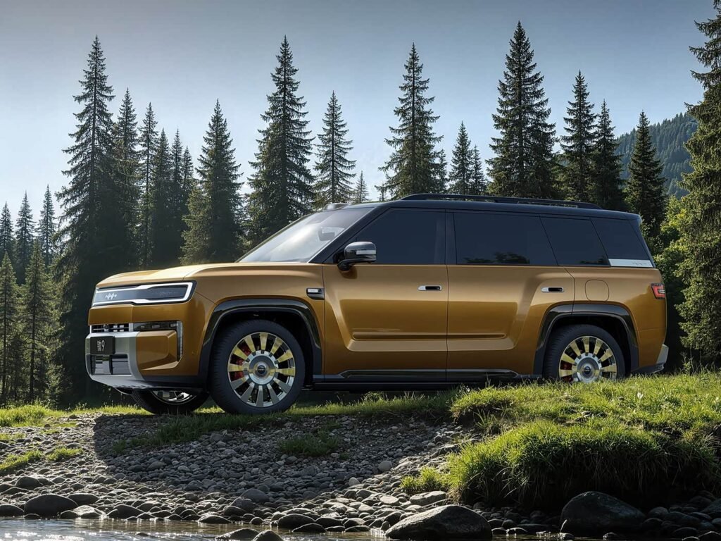 Golden Formula Leopard Ti9 2026 luxury off-road SUV outdoor shot, rugged large premium PHEV 4x4 vehicle in forest scenery