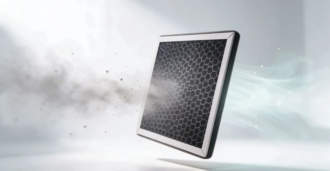 HiLUCK activated carbon cabin air filter trapping dust and pollen while clean air flows through