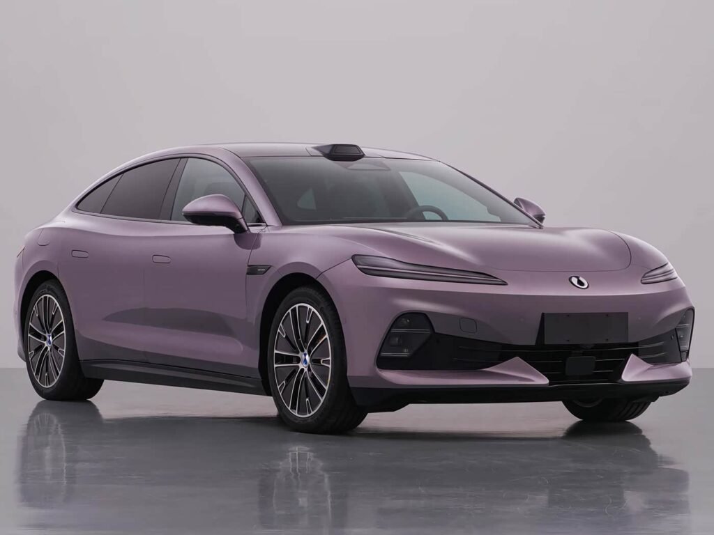 Lavender Denza Z9S 2026 premium electric sedan studio official photo, front three-quarter view luxury BYD EV