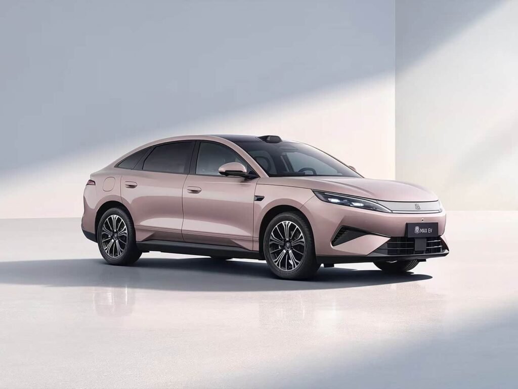 Light pink BYD Qin Max 2026 electric sedan studio official photo, affordable mid-size EV with flash charging technology
