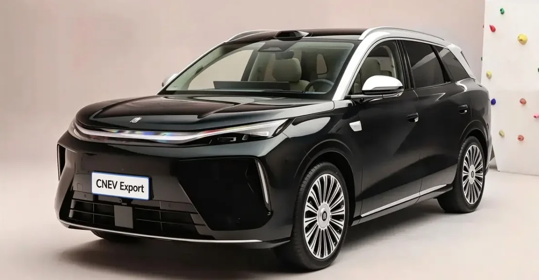 New Generation BYD Tang EV, black exterior, front and side view studio shot