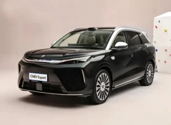 New Generation BYD Tang EV, black exterior, front and side view studio shot