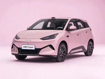 Pink BYD Second-Generation Seagull electric hatchback, front three-quarter exterior view